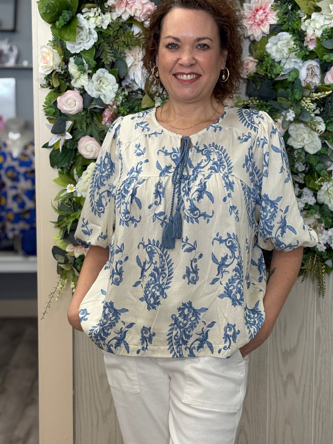 Umgee blue paisley print puff sleeve top