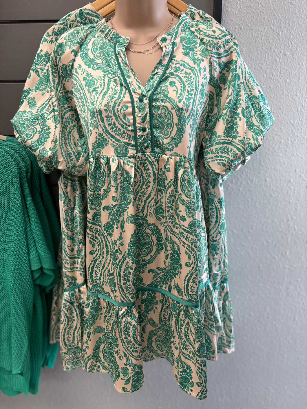 Umgee Teal Green Button Down Dress with Puffy Sleeve