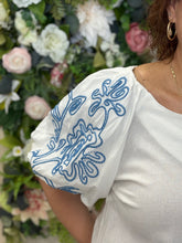 Load image into Gallery viewer, Umgee Embroidered blue abstract flower puff sleeve top
