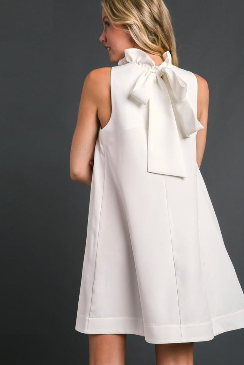 Umgee White Bow Back Sleeveless Ruffle Neck Dress