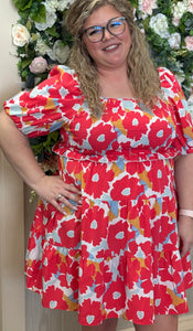 Umgee Abstract Floral Smocked Dress with Puff Sleeves-Coral