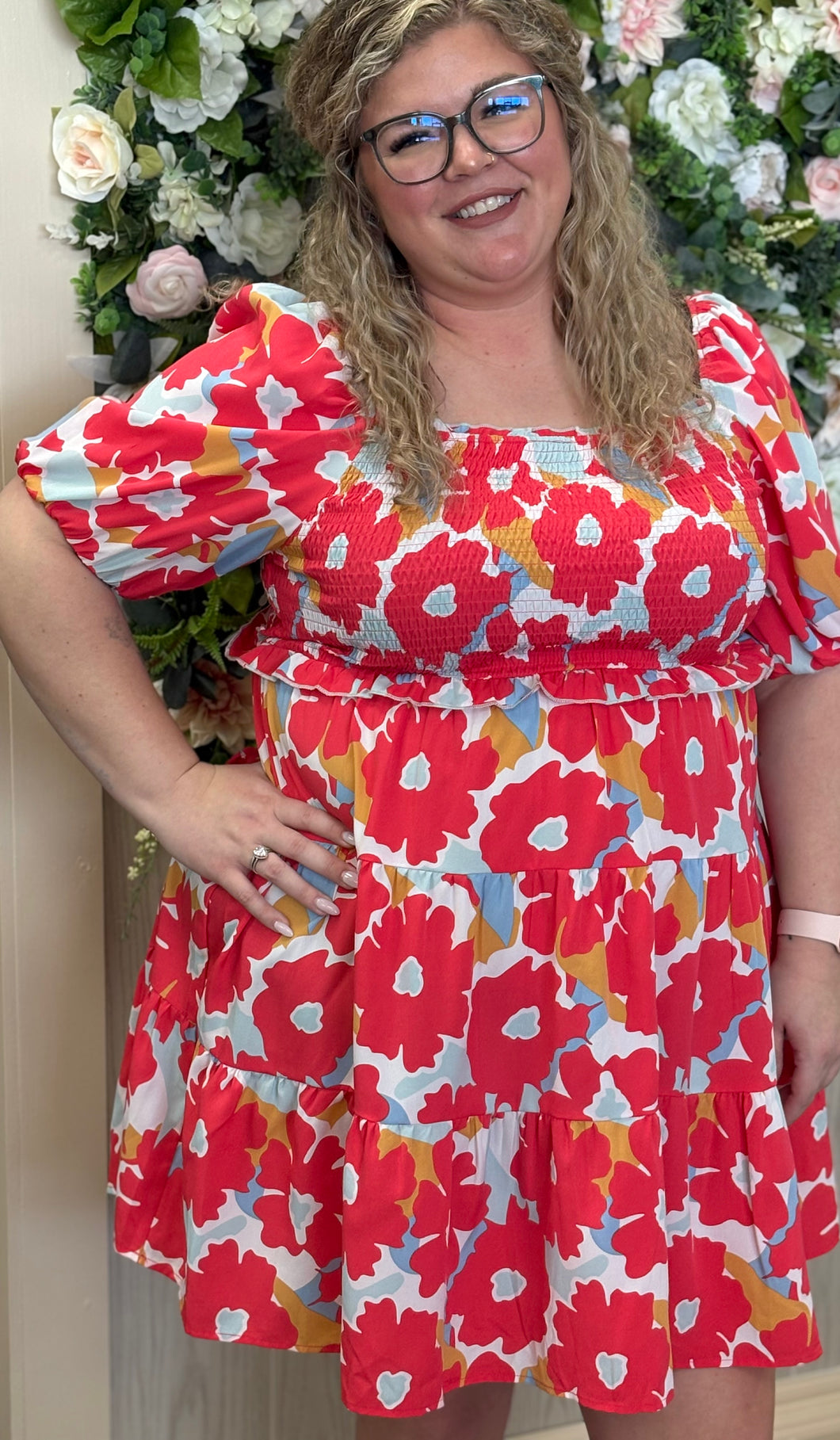 Umgee Abstract Floral Smocked Dress with Puff Sleeves-Coral
