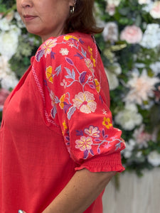 Umgee Linen Split Neck/ Embroidered Sleeves