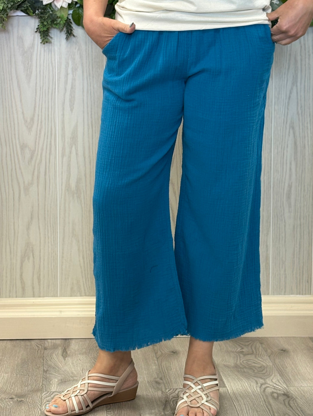 UMGEE Teal wide leg gauze frayed hem pants