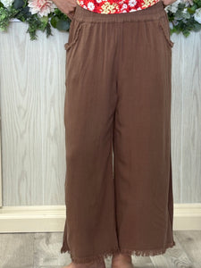 Umgee Fringed Hem Cotton Linen Pants