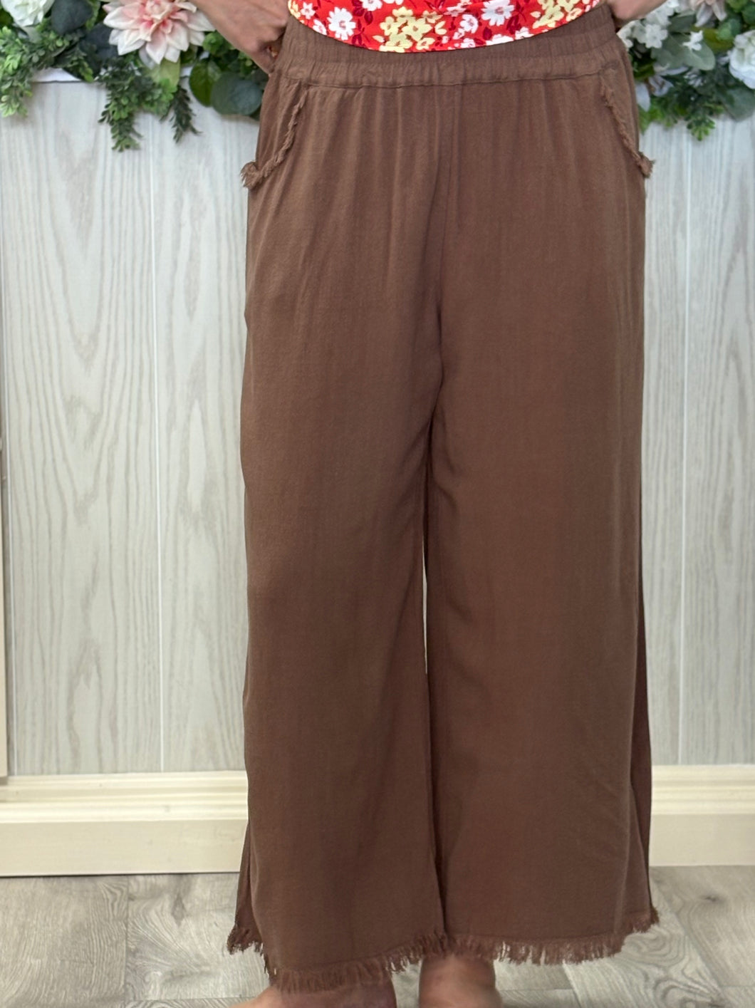 Umgee Fringed Hem Cotton Linen Pants