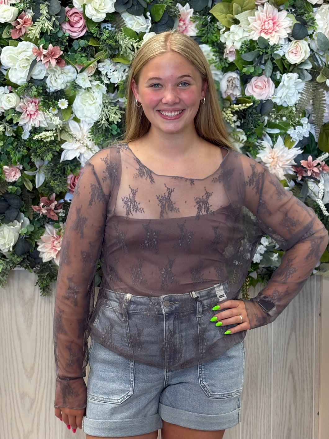 Grace&Emma Smokey Grey Floral Mash Long Sleeve Top