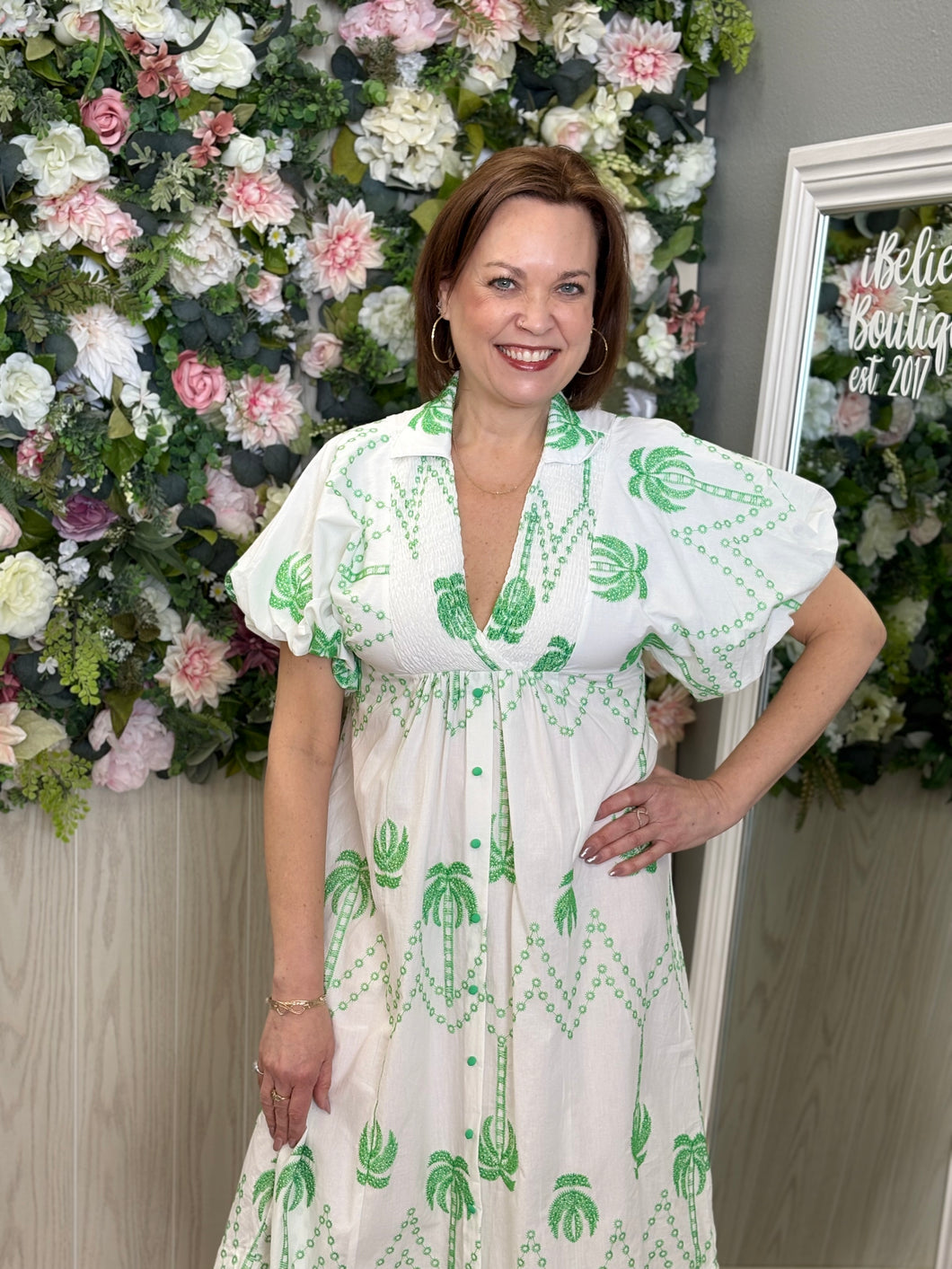 Umgee Green & White embroidered dress