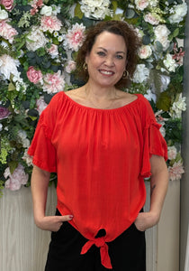 Umgee red linen ruffle short sleeved top with front tie