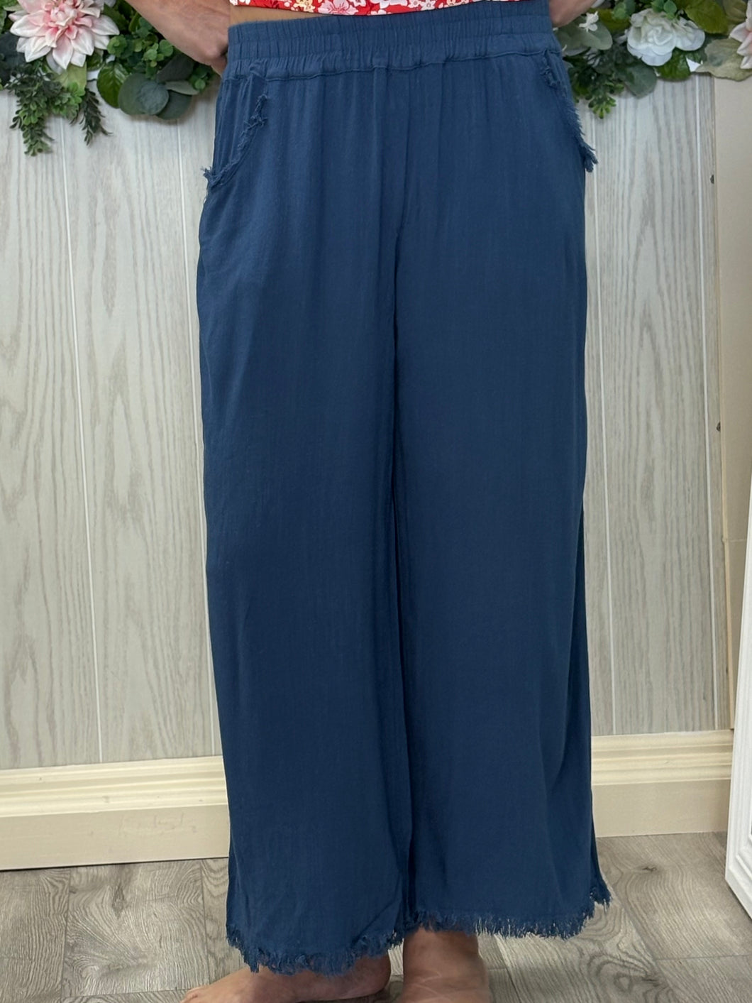 Umgee Fringed Hem Cotton Linen Pants