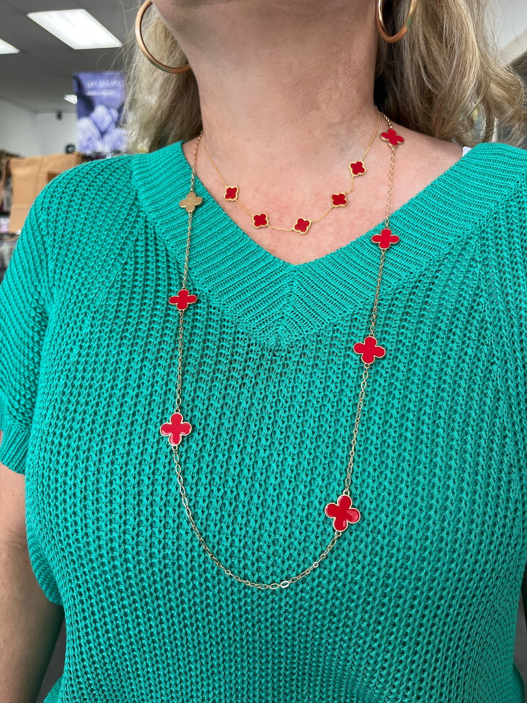 Long Gold and Red Clover Necklace